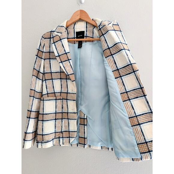 Smythe Portrait Neck Chesterfield Plaid Blazer Sz 8 Check White Brown Blue $695 - Picture 6 of 11